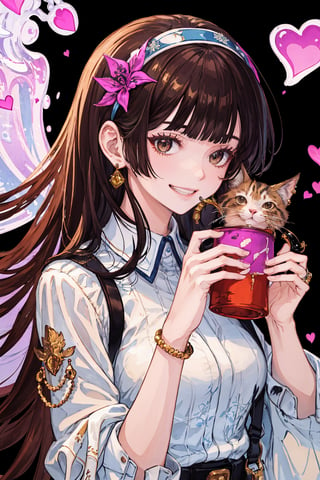 1girl, solo, long hair, looking at viewer, smile, bangs, brown hair, shirt, holding, brown eyes, jewelry, white shirt, upper body, heart, hairband, earrings, teeth, blunt bangs, grin, lips, animal, cat, holding animal,masterpiece