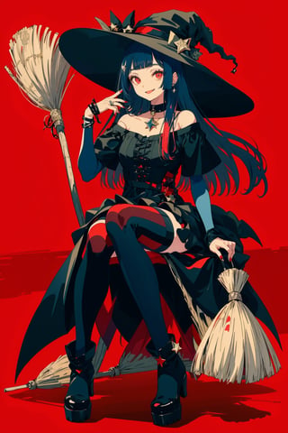 1girl, solo, long hair, looking at viewer, smile, bangs, black hair, red eyes, thighhighs, hat, dress, ribbon, bare shoulders, jewelry, sitting, full body, short sleeves, boots, frills, choker, tongue, striped, tongue out, blunt bangs, off shoulder, star \(symbol\), nail polish, high heels, witch hat, cat, red nails, red background, striped thighhighs, :p, broom, high heel boots, hand on headwear, witch, star print, limited palette, black cat, broom riding, red theme