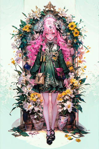 1girl, solo, long wave hair, looking at viewer, blush, simple background, pink hair, long sleeves, white background, dress, ribbon, jewelry, clock, standing, full body, hair ribbon, flower, earrings, shoes, bag, black footwear, black ribbon, leaf, wavy hair, floral print, bottle, plant, white flower, green dress, handbag, shoulder bag, yellow flower, green ribbon, collared dress, grey dress, vase, jar, perfume bottle