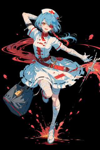 1girl, solo, long hair, breasts, looking at viewer, smile, open mouth, bangs, simple background, gloves, hat, dress, holding, animal ears, twintails, brown eyes, medium breasts, blue hair, full body, short sleeves, :d, belt, white gloves, bag, white dress, hair over one eye, blood, bandages, short dress, eyepatch, black background, bandaged arm, nurse cap, nurse, bandaged leg, erune, syringe, oversized object, bandage over one eye, holding syringe, red cross, intravenous drip, blood bag