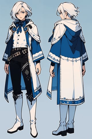 masterpiece, best quality, (extremely detailed face),20 years old handsome male, (short WHITE hair), blue pupils, dressed in White top, (white, hooded jacket with blue pattern on the edge, (loose sleeves)), (white slim pants), (white long boots decorated with lot of white feathers),(feather and sapphire accessories), elegant clothing, CharacterSheet (multiple views, front full body, back full body, reference sheet:1), character design, reference sheet, multiple views(gray background, simple background:1.2), 1guy, masculine,1guy,portrait