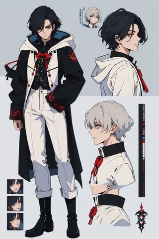 masterpiece, best quality, (extremely detailed face),20 years old handsome male, (short black hair), blue pupils, dressed in White top, (white, hooded jacket with blue pattern on the edge, (loose sleeves)), (white slim pants), (white long boots decorated with lot of white feathers),(feather and sapphire accessories), elegant clothing, CharacterSheet (multiple views, front full body, back full body, reference sheet:1), character design, reference sheet, multiple views(gray background, simple background:1.2), 1guy, masculine,1guy