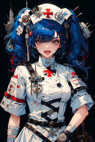 1girl, solo, long hair, breasts, looking at viewer, smile, open mouth, bangs, simple background, gloves, hat, dress, holding, animal ears, twintails, brown eyes, medium breasts, blue hair, full body, short sleeves, :d, belt, white gloves, bag, white dress, hair over one eye, blood, bandages, short dress, eyepatch, black background, bandaged arm, nurse cap, nurse, bandaged leg, erune, syringe, oversized object, bandage over one eye, holding syringe, red cross, intravenous drip, blood bag