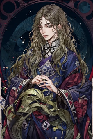 solo,green eyes,(long wavy hair:1.3),very long hair,brunette,  tarot, art nouveau ,Art Nouveau Style,,