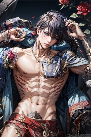 (masterpiece, top quality, best quality, official art, beautiful and aesthetic:1.2), fractal art:1.3),
1boy, abs, arm_tattoo, art_nouveau, bara, flower, jewelry, large_pectorals, leg_tattoo, male_focus, manly, muscular, muscular_male, navel, necklace, nipples, pectorals, plant, rose, solo, tattoo, thighs, toned, topless_male