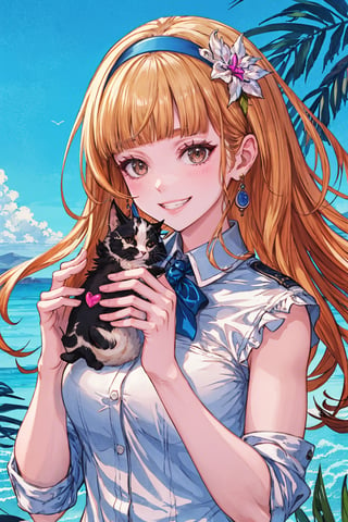 1girl, solo, long hair, looking at viewer, smile, bangs, blonde hair, shirt, holding, brown eyes, jewelry, white shirt, upper body, heart, hairband, earrings, teeth, blunt bangs, grin, lips, animal, cat, holding animal,masterpiece, outdoor,