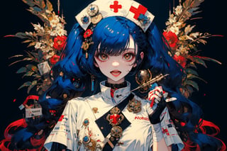 1girl, solo, long hair, breasts, looking at viewer, smile, open mouth, bangs, simple background, gloves, hat, dress, holding, animal ears, twintails, brown eyes, medium breasts, blue hair, full body, short sleeves, :d, belt, white gloves, bag, white dress, hair over one eye, blood, bandages, short dress, eyepatch, black background, bandaged arm, nurse cap, nurse, bandaged leg, erune, syringe, oversized object, bandage over one eye, holding syringe, red cross, intravenous drip, blood bag