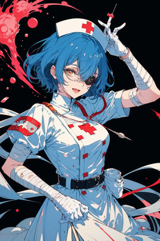 1girl, solo, long hair, breasts, looking at viewer, smile, open mouth, bangs, simple background, gloves, hat, dress, holding, animal ears, twintails, brown eyes, medium breasts, blue hair, full body, short sleeves, :d, belt, white gloves, bag, white dress, hair over one eye, blood, bandages, short dress, eyepatch, black background, bandaged arm, nurse cap, nurse, bandaged leg, erune, syringe, oversized object, bandage over one eye, holding syringe, red cross, intravenous drip, blood bag