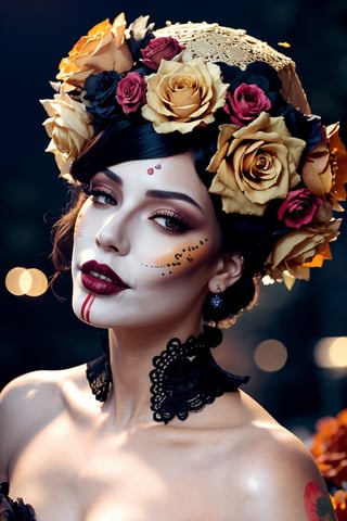 (Best quality, 8k, 32k, Masterpiece, UHD:1.2),  full body potrait of a woman with Catrina makeup, dia de los muertos, white make up, orange, black makeup, emulating a skull with the make up, orange flowers as ornament in hair, many orange flowers, wearing a gown, gloves  and attractive features, eyes, eyelid,  focus, depth of field, film grain,, ray tracing, ((contrast lipstick)), slim model, detailed natural real skin texture, visible skin pores, anatomically correct, night, cemetary background,  Catrina