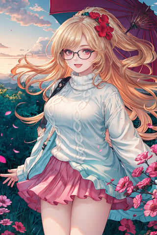 8k, (absurdres, highres, ultra detailed), (1lady:1.3), (((blond_green_long_hair))), ultra resolution image, kawaii, mystery, aesthetic:1.2, colorful, dynamic angle, highest detailed face), big glasses, black rimmed glasses, happy smile, (wearing a pink oversized_sweater:1.2), pleated skirt, sunset, fall colors, beautiful trees, nature, flowers, windy, hair flowing in the wind, sun shinning through hair, high contrast, (official art, extreme detailed, highest detailed, natural skin texture, hyperrealism, soft light, sharp, perfect face), golden dawn, :d, Big boobs1:3. (((Smoky makeup))), curvy, ,midjourney