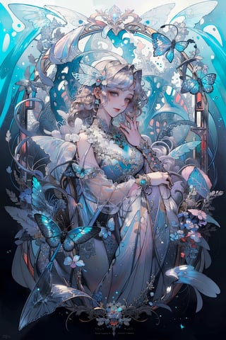 8k, (absurdres, highres, ultra detailed),1LADY. light blue butterfly (transparent, luminous), different world letters, pastel colors, fantasy world, Art Nouveau, Alphonse Mucha