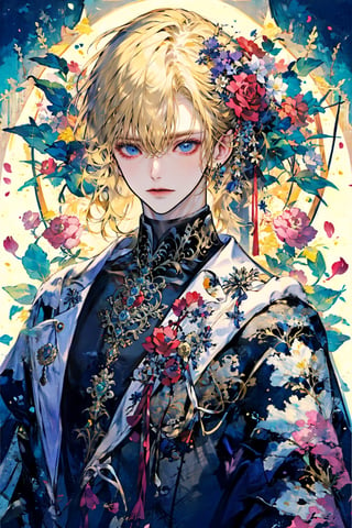 solo, looking at viewer, short hair, bangs, blue eyes, blonde hair, shirt, hair ornament, long sleeves, 1boy, holding, hair between eyes, jewelry, upper body, flower, male focus, hair flower, necklace, petals, black shirt, rose, white flower, red flower, red rose, holding flower, candle, bishounen,boy
