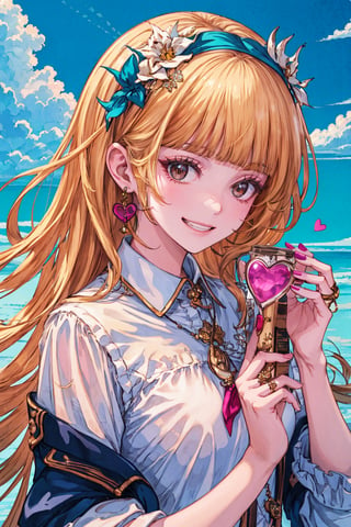 1girl, solo, long hair, looking at viewer, smile, bangs, blonde hair, shirt, holding, brown eyes, jewelry, white shirt, upper body, heart, hairband, earrings, teeth, blunt bangs, grin, lips, animal, cat, holding animal,masterpiece, outdoor, sunshine, cloud,