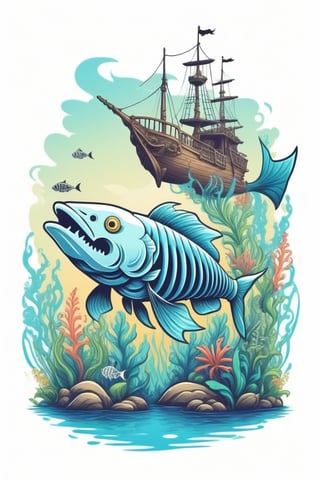 T-Shirt design: A realistic Cartoonish digital art of a (fish skeleton), in the isolate background aquatic plants and pirate Ship, the fish with thick strokes and Vector type design with great shadows that contrast with the pale colors of the scene, ((6 colors t shirt design)), detailed illustration, ((isolate solid white background))