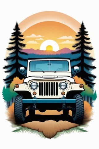 T-Shirt design: vintage-inspired image featuring a white Jeep, set against a backdrop of trees and a sunset. The design should have a warm and nostalgic feel, with the Jeep being the main subject and the natural elements enhancing the overall composition, ((6 colors t shirt design)), detailed illustration, ((isolate solid white background)),Text,T shirt design,Leonardo Style
