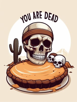 T-Shirt vector design: (("you are dead" text logo)), dead man laying down on a dessert, skull closeup, best quality, cactuses, isolate white plain background