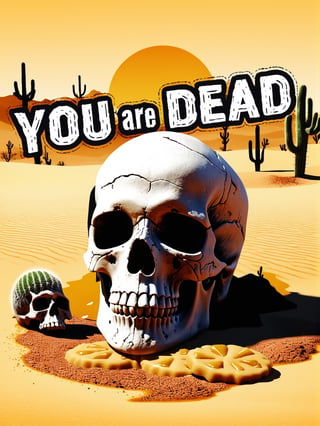 (("you are dead" text logo)), dead man laying down on a dessert, skull closeup, best quality, cactuses