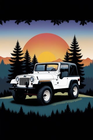 T-Shirt design: vintage-inspired image featuring a white Jeep, set against a backdrop of trees and a sunset. The design should have a warm and nostalgic feel, with the Jeep being the main subject and the natural elements enhancing the overall composition, ((6 colors t shirt design)), detailed illustration, ((isolate solid white background)),Text,T shirt design,Leonardo Style