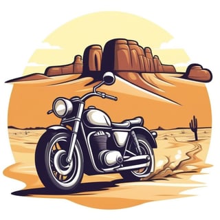 T-shirt design: motorbike in front of a desert, cartoon tshirt design graphic, vector, contour, isolated on a white background, T shirt design,TshirtDesignAF