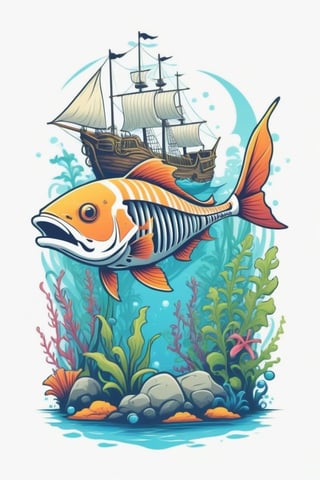 T-Shirt design: A realistic Cartoonish digital art of a (fish skeleton), in the isolate background aquatic plants and pirate Ship, the fish with thick strokes and Vector type design with great shadows that contrast with the pale colors of the scene, ((6 colors t shirt design)), detailed illustration, ((isolate solid white background))