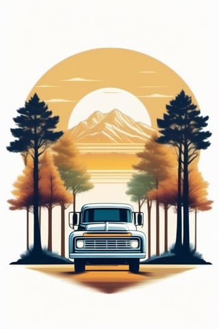 a vintage style, with a focus on the contrast between the white truck and the dark trees. The sunset in the background adds a touch of warmth and tranquility to the scene. The composition of the image, with the truck in the center and the trees on both sides, creates a sense of balance and harmony, ((6 colors t shirt design)), ((isolated design in solid white background)),Leonardo Style,T shirt design,TshirtDesignAF