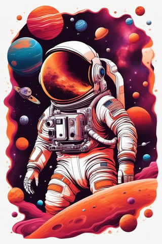 Create a t-shirt design that combines space exploration with a touch of whimsy. Think about astronauts riding on the backs of friendly alien creatures or floating among colorful planets.