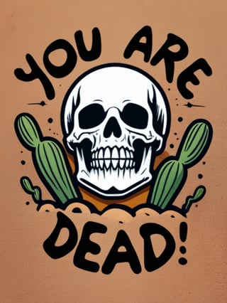 (("you are dead" text logo)), dead man laying down on a dessert, skull closeup, best quality, cactuses