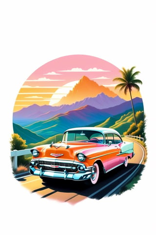 a sunny afternoon,  the sky painted in shades of orange and pink as a classic Chevrolet Bel Air glides down a winding road.  Its green and white body shines in the sunlight,  reflecting the timeless elegance of this iconic automobile.  Through the open window you can hear the soft melody of a 1950s song. On the horizon,  the mountains rise majestically,  creating a stunning backdrop for this vintage scene.  This t-shirt design captures the nostalgia and beauty of a bygone era,  making the wearer feel transported on a journey full of style and adventure, ((6 colors t shirt design)), ((isolated design in solid white background)),Leonardo Style,T shirt design,TshirtDesignAF
