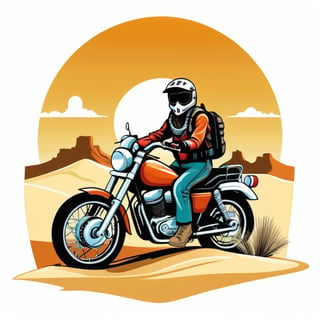 motorbike in front of a desert, cartoon tshirt design graphic, vector, contour, isolated on a white background
