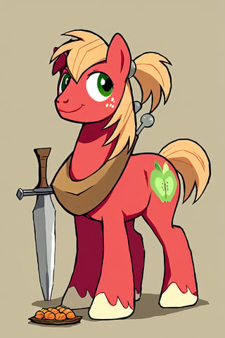 Big Macintosh mlp, feral alone, smile, plain background, closed mouth, green eyes, standing, tail, full body, weapon, food, ponytail