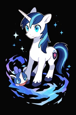 Shining Armor mlp, solo, blue eyes, simple background, blue hair, full body, horns, pokemon \(creature\), no humans, black background, single horn, unicorn