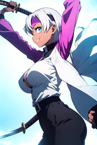 Masterpiece, best quality, white hair, brown skin, crystal blue eyes, black headband, black pants, white sleeves, chest exposed, holding a katana, smile, white hair, short hair bangs, black shirt , buttons, demon slayer uniform, shinobu(Demon slayer), , dark skin, brown skinned girl, (demon slayer), big breast, standing, looking at viewer, side profile , cool pose, pose, upper body, big breast, , arm raised, arm up to face