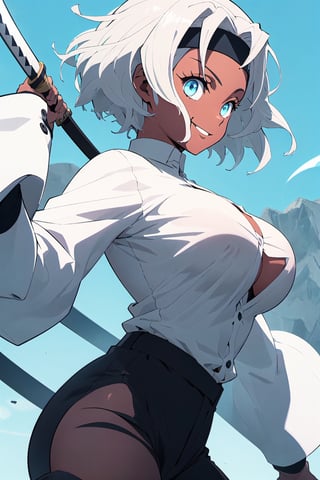Masterpiece, best quality, white hair, brown skin, crystal blue eyes, black headband, black pants, white sleeves, chest exposed, holding a katana, smile, white hair, short hair bangs, black shirt , buttons, demon slayer uniform, shinobu(Demon slayer), , dark skin, brown skinned girl, (demon slayer), big breast, standing, looking at viewer, side profile , cool pose, pose, upper body, big breast, , arm raised, arm up to face