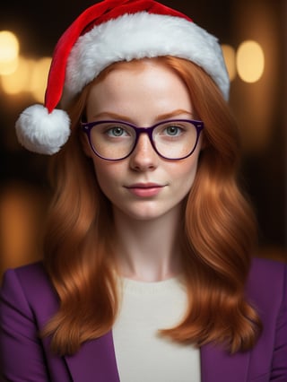 photo r3al, photorealistic, masterpiece, hyperdetailed photography of a beautiful cute ginger woman, best quality, 8k UHD, 8k, ultra quality, ultra detailed, closed mouth, smirking, warm lighting, soft lighting, (closeup), looking_at_viewer, purple jacket, smooth face, monitors in background, facing viewer, delicate face, smooth face, warm lighting, portrait, photography, professional headshot, smirking, professional photography, photoshop_(low), facing_viewer, black glasses, Photo ID, natural face, natural beauty, santa claus hat