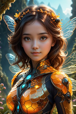 ultra realistic, best quality, cinematic, ultra detailed picture of beautiful cute friendly hybrid of female and bee wearing an intricate form-fitting outfit with glowing fractal glass elements in an enchanted landscape, sharp focus, work of beauty and complexity invoking a sense of magic and fantasy, calming face and pose, 8k UHD, colorful aura, orange glow, upper body, closed_mouth