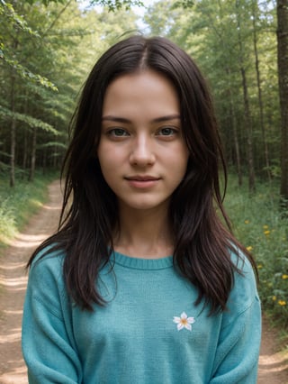 masterpiece, photography, photorealistic, ultra quality, ultra detailed, detaied face, 8k, female_solo, young, cute, 18 years old, standing, outdoor, forest path, flowers, closeup, sweater, colorful, upper body, front view, plain, natural, average, sunny weather, looking up, happy, playful, natural beauty, upper body, closeup, photo r3al,