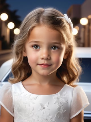 cute little girl in white dress, white limo in background, hollywood, innocent, best quality, spotlights, ultra detailed, photorealistic, hyperrealistic photography, night, ((closeup)), ((upper body)), front view, facing_viewer, proper anatomy, 