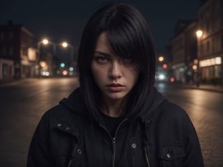 best quality, ultra detailed, ultra quality, hyperrealistic photography, 8k, 8k UHD, bad bitchy dangerous girl in the night on empty street, jacket, closeup, front_view, stadning, looking_at_viewer, closed mouth, black sky, evil eyes, 