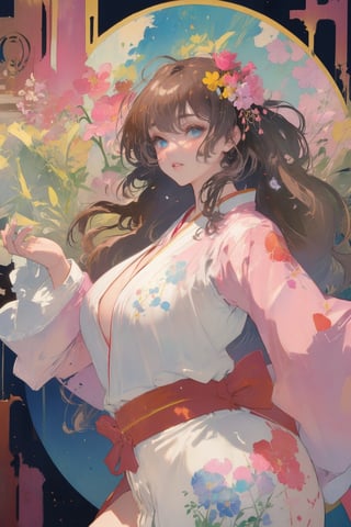 full body photo, wide shot, (top shot :1.5) , (masterpiece, best quality, very detailed, ultra-detailed, intricate), anime style kawaii, watercolor, Alcohol ink. illustration, pastel colors, high chroma, The color contrast is strong, bright and colorful background, art nouveau, perfect light,art nouveau by Alphonse Mucha, tarot cards style, (beautiful and detailed eyes), 1 other, 1 woman , 9 head body lenth, plump breasts, (huge big boobs, underboob, no bra, small perky tits, boobs exposed, beautiful boobs shown ), clevage, solid color background, dress , miniskirt , yoga pose , yoga Camel Pose, 1girl, solo, long hair, looking at viewer, blush, bangs, blue eyes, brown hair, hair ornament, long sleeves, bow, closed mouth, upper body, flower, parted lips, japanese clothes, hair flower, kimono, grey eyes, book, eyelashes, wavy hair, floral print, tassel, pink flower, pink kimono,masao,watercolor