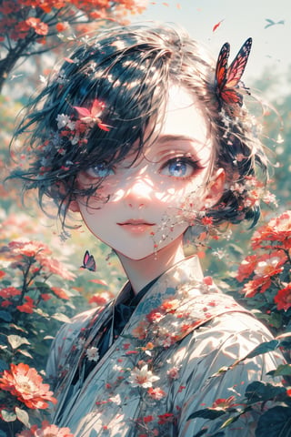 8k, (absurdres, highres, ultra detailed), (1lady),there is a innocent smile girl with butterflies on her head and a butterfly in her hair, stunning anime face portrait, beautiful anime portrait, detailed anime soft face, beautiful anime art style, beautiful anime style, anime nature, cgsociety 9, pinterest anime, digital anime art, anime fantasy artwork, flowers and butterflies, realistic anime art style, realistic anime artstyle, starry_hair, cute, Circle, shiny_skin, shiny_hair, ,High detailed ,Circle,blurry_light_background