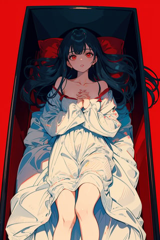 1girl, solo, long hair, red eyes, dress, collarbone, lying, parted lips, on back, white dress, feet out of frame, own hands together, red background, red theme, coffin