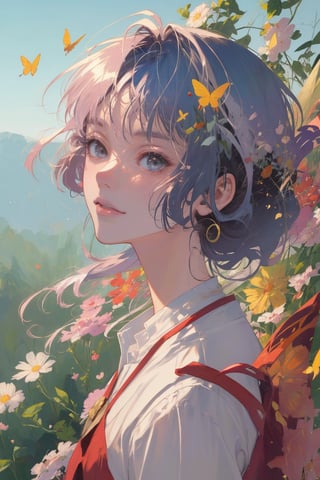 8k, (absurdres, highres, ultra detailed), (1lady),there is a innocent smile girl with butterflies on her head and a butterfly in her hair, stunning anime face portrait, beautiful anime portrait, detailed anime soft face, beautiful anime art style, beautiful anime style, anime nature, cgsociety 9, pinterest anime, digital anime art, anime fantasy artwork, flowers and butterflies, realistic anime art style, realistic anime artstyle, starry_hair, cute, Circle, shiny_skin, shiny_hair, ,High detailed ,Circle,blurry_light_background