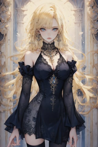 1girl, solo, long hair, breasts, looking at viewer, blue eyes, blonde hair, large breasts, thighhighs, long sleeves, dress, cleavage, bare shoulders, jewelry, standing, pantyhose, earrings, parted lips, detached sleeves, wide sleeves, black dress, halterneck, watermark