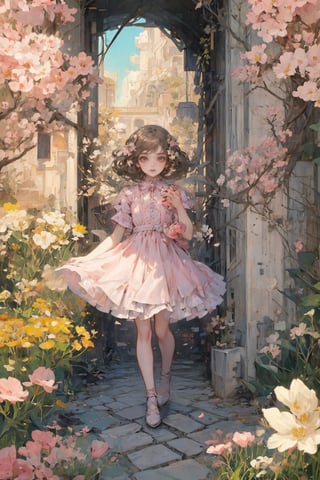 a noble little girl wearing a pink dress and a daisy tiptoes towards a boy with curly hair, reaching out a delicate rose in a thornless stem, standing on cobblestone pavement, under a cloudless sky, with a row of blooming cherry blossom trees in the background, captured with a Canon EOS 5D Mark IV camera, 50mm lens, medium shot focusing on the girl’s tender gesture, in a style reminiscent of a romantic oil painting by Thomas Kinkade. ,midjourney,Anitoon2,Circle