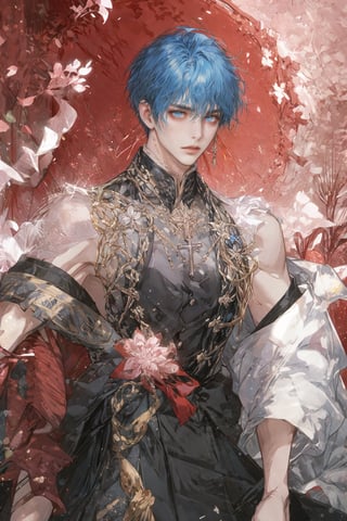 a anime character with blue hair and a black top with a cross on it's chest and a red background, Cosmo Alexander, official art, a character portrait, rococo.
ahoge, bangs, bare_shoulders, blue_hair, ear_piercing, earrings, eyebrows_visible_through_hair, jewelry, looking_at_viewer, male_focus, multicolored_hair, piercing, pink_hair, red_background, see-through, sleeveless, solo, star_earrings.