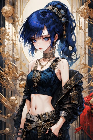1girl, solo, breasts, looking at viewer, bangs, blue eyes, navel, cleavage, bare shoulders, jewelry, closed mouth, blue hair, collarbone, jacket, ponytail, weapon, cowboy shot, earrings, midriff, belt, pants, off shoulder, crop top, tank top, denim, ground vehicle, motor vehicle, hands in pockets, car