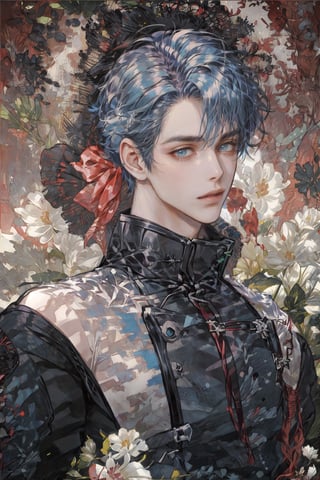 a anime character with blue hair and a black top with a cross on it's chest and a red background, Cosmo Alexander, official art, a character portrait, rococo.
ahoge, bangs, bare_shoulders, blue_hair, ear_piercing, earrings, eyebrows_visible_through_hair, jewelry, looking_at_viewer, male_focus, multicolored_hair, piercing, pink_hair, red_background, see-through, sleeveless, solo, star_earrings.