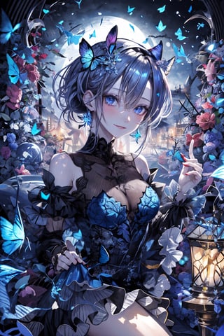 8k, (absurdres, highres, ultra detailed), (1lady), there is a innocent smile girl with butterflies on her head and a butterfly in her hair, stunning anime face portrait, beautiful anime portrait, isabella vampire, glowing blue eyes, pale skin, vampire fangs, crown, thighs, holding skull, anime fantasy artwork, flowers and butterflies, realistic anime art style, realistic anime artstyle, starry_hair, cute, Circle, shiny_skin, shiny_hair, ,High detailed ,Circle,blurry_light_background