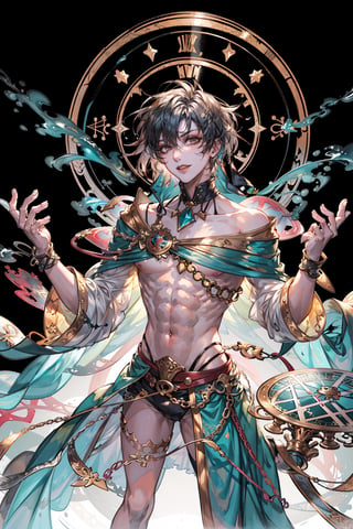 8k, (absurdres, highres, ultra detailed), (1boy:1.3),adult, finely detailed eyes and detailed face, male fashion make up chart:0.5, Stark contrast, light lip, eyeshadow, fashion, abs, body paint, model_pose, wide shot, solo,the fool \tarot\, bard, clown, Symbolism, Visual art, Occult, Universal, Vision casting, Philosophical, Iconography, Numerology, Popularity, Artistic, Alfons Mucha, huge magic circle, attack magic:1.5, Vivid Watercolor Artist, Rainbow watercolors, Flowing colors, Soft washes, Blended hues, Delicate translucency, weapon, 