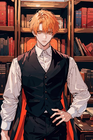 solo, looking at viewer, short hair, bangs, blonde hair, shirt, long sleeves, 1boy, holding, jewelry, standing, jacket, yellow eyes, white shirt, male focus, cowboy shot, pants, indoors, orange hair, vest, orange eyes, book, black pants, holding book, black vest, open book